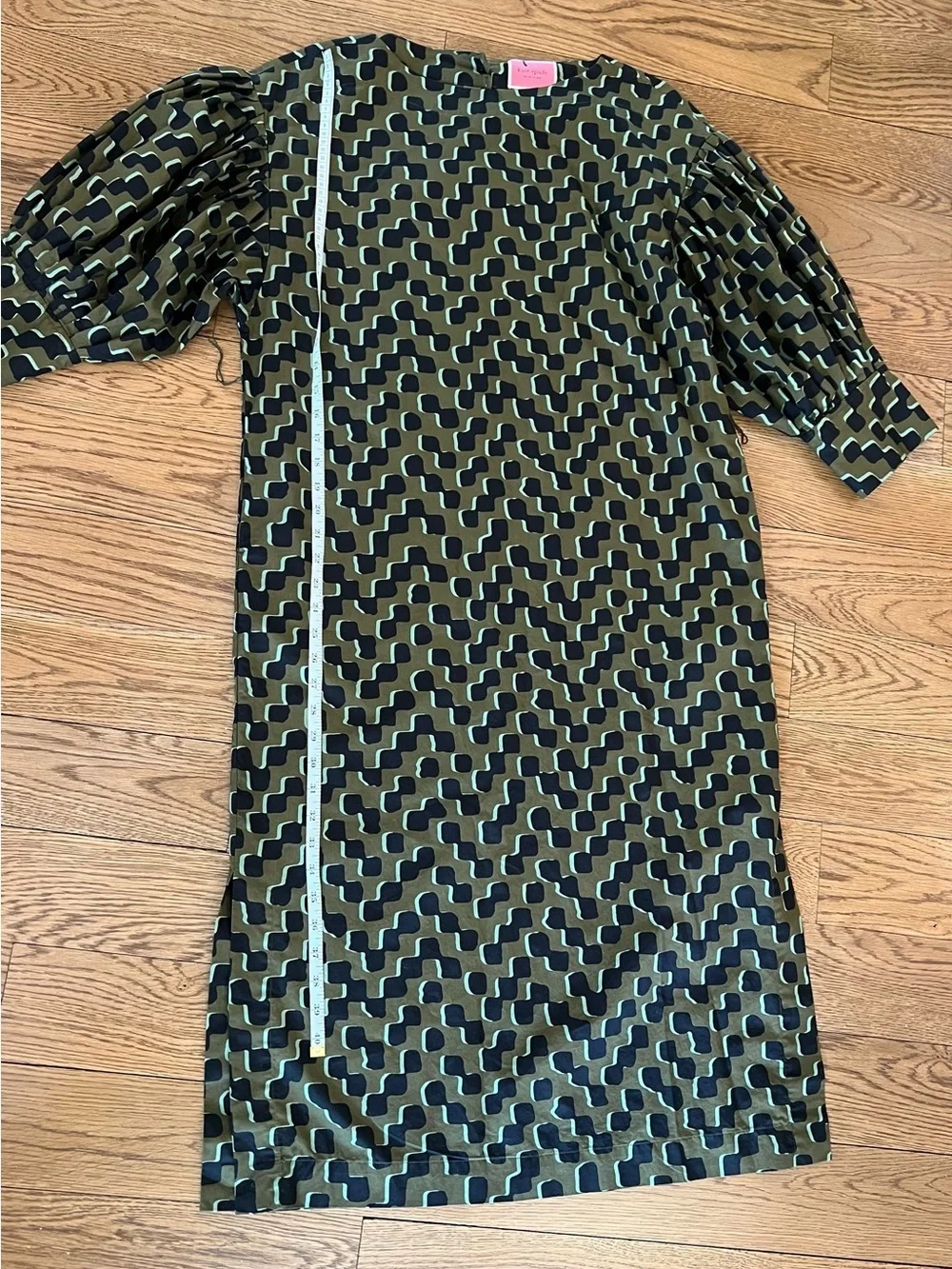 kate spade Olive and Black Geometric Midi Dress with Puff Sleeves